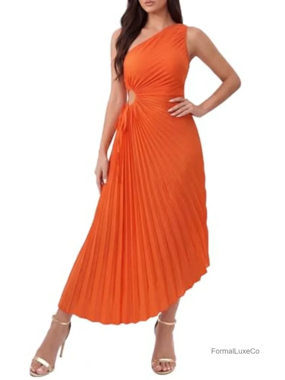 One Shoulder Pleated Cutout Waist Midi Dress Asymmetrical Hem Cocktail Party
